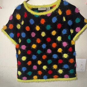 OSPREY Black Short-Sleeve Fuzzy Pom-Pom Knit Top - Multi Color